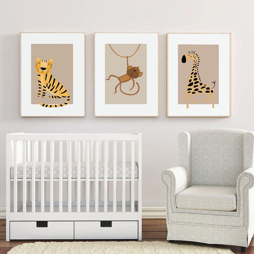 Safari Animals Lion Giraffe Zebra Tiger Monkey Poster Print Canvas Painting