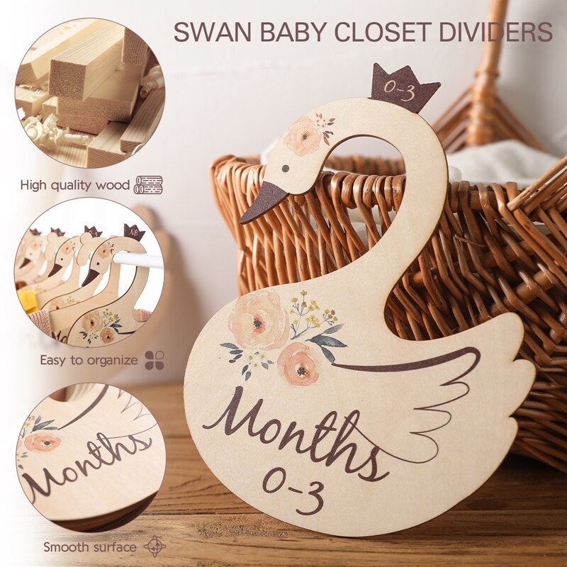 7Pcs/Set Wooden Baby Wardrobe Dividers Swan Whale Animal Shape Clothing Storage Wardrobe